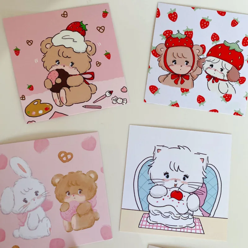 Korean Ins Cartoon Cute Bear Rabbit Postcard Kawaii Mini Square Bookmark Diy Decorative Card Photo Prop Wall Sticker 9 Sheets