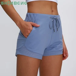 SHINBENE Naked-feel Cozy-soft Loose Fit Training Gym Sport Shorts Women Waist Drawstring Running Yoga Fitness Workout Shorts