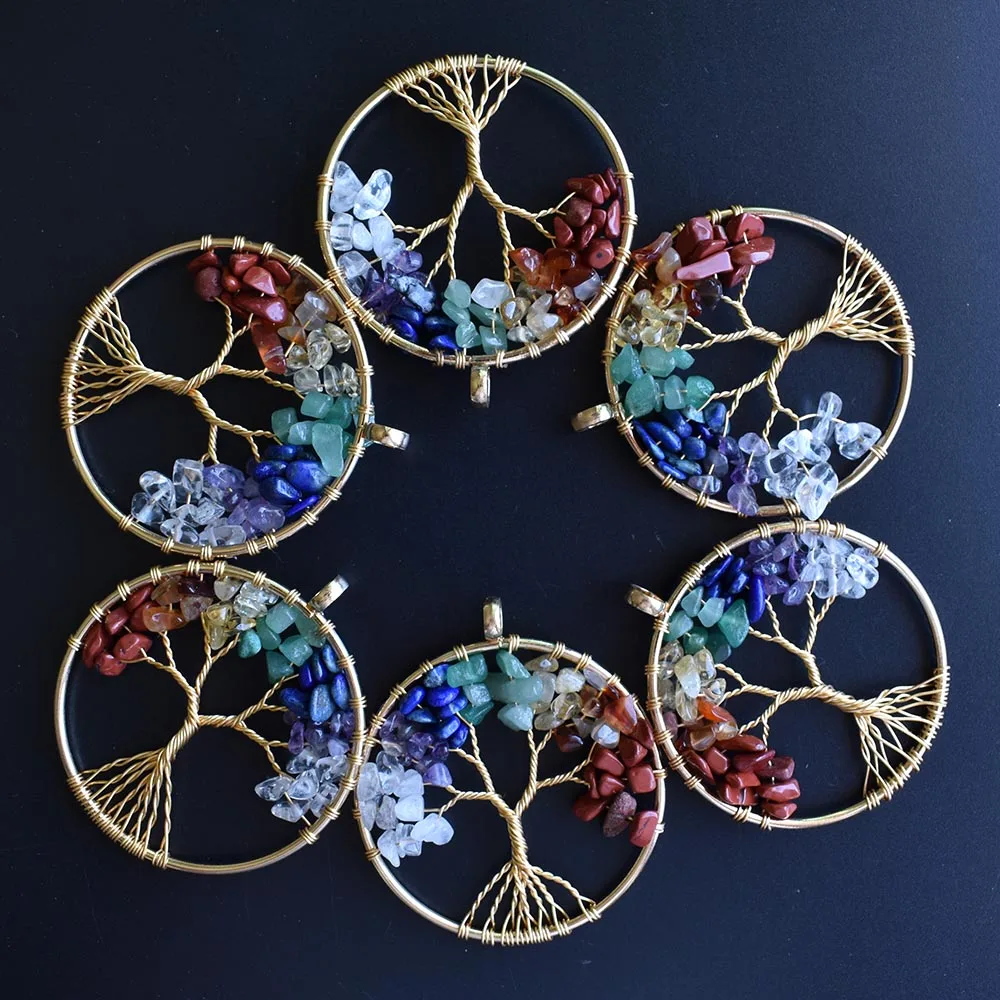 Wholesale 12pcs/lot new mixed natural stone Tree of life gold color wire wrapped Pendants 50mm for jewelry marking free shipping