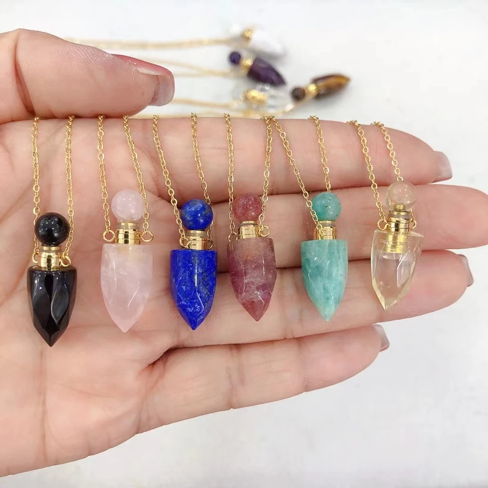 Cute Bullet Shape Strawberry Lemon Crystal Quartz Stone Perfume Essential Oil Diffuser Bottle Pendant Necklace