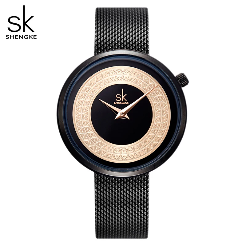 Shengke-Reloj de malla metálica para mujer, accesorio de moda, diseño Vintage, marca de lujo, clásico, Bayan Kol Saati