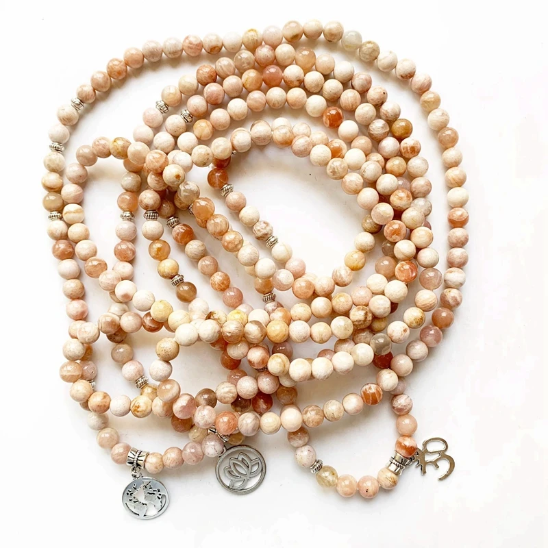 Sunstone Stone 108 Mala Prayer Beads Necklace Charm Bracelet 8mm Natural Round Beads Elastic String Buddhist Spiritual Jewelry