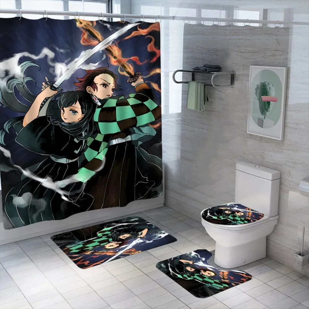 Japanese Anime Shower Curtain Demon Slayer 3D Print Bath Set Cartoon Pattern Screen Cover Kawaii Loli Girl Bath Curtain for Kids