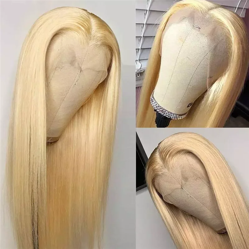 Perruque Lace Frontal Wig 613 brésilienne naturelle, cheveux lisses, blond miel, 4x4, densité 150, pour femmes