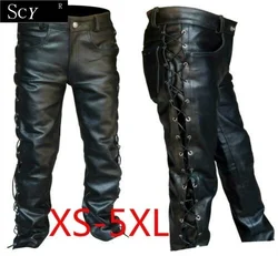 Men's Black Thick Leather Side Laces Up Jeans Style Long Pant Motorcycle Leather Trousers Leather Motorcycle Pants