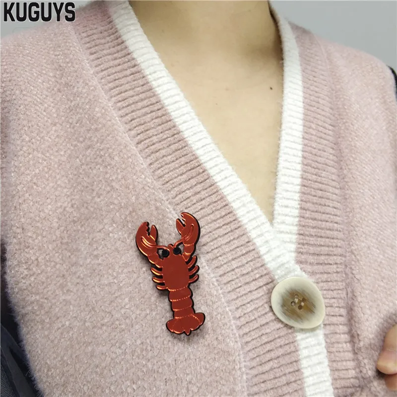 KUGUYS Blue Red Lobster Mirror Acrylic Brooch for Women Jewelry Novelty Accessories