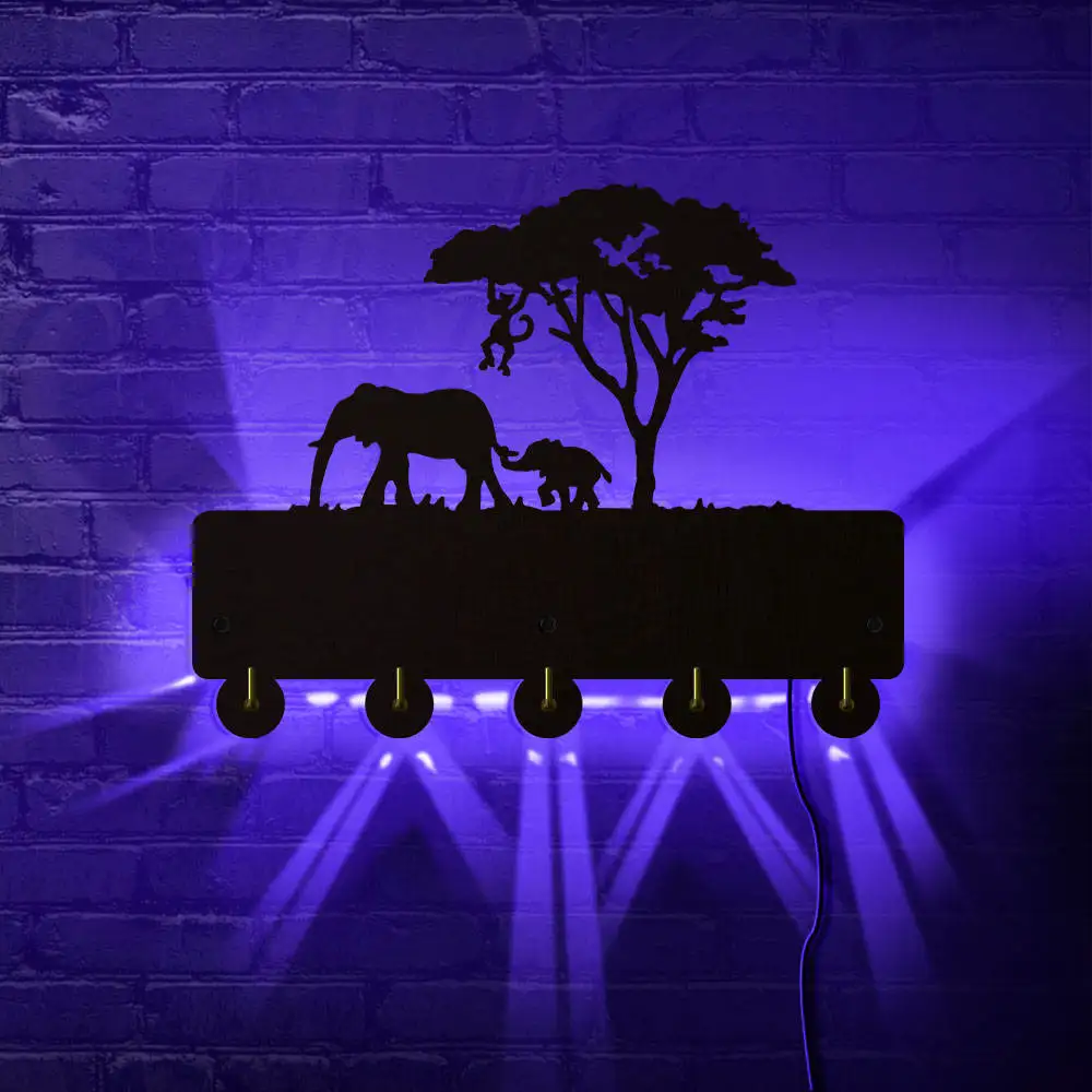 Elephant Family Multi-color Changing LED Lighted Wall Hook Coat Keys Holder Clothes Rack Monkey Climbe The Tree Household Decor