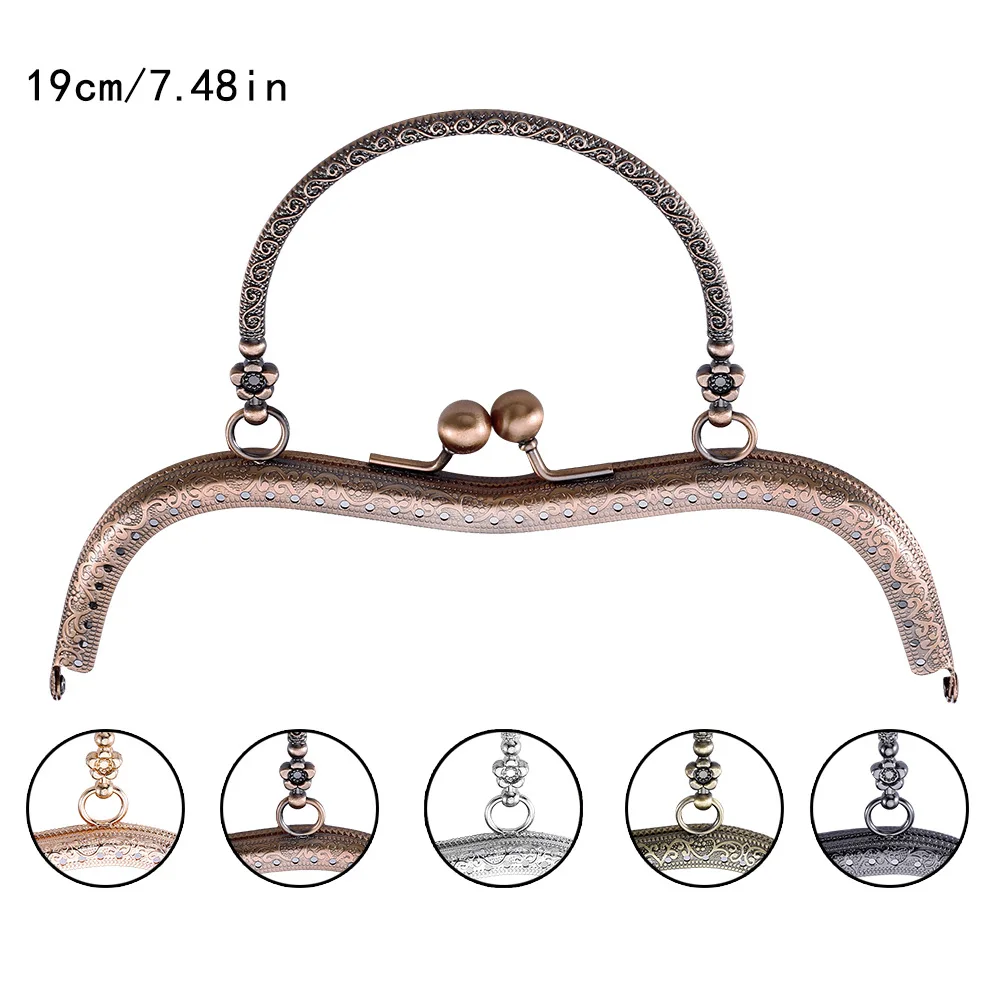 Metal Purse Frame Antique Bronze Vintage Flower Pattern Kiss Clasp Lock DIY Handbag Parts Accessories Frame Purse with Handle