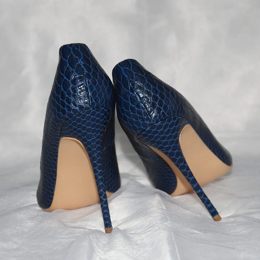 Veowalk Sexy Women Snakeskin Embossed Extremely High Heel Party Shoes Italian Style Navy Blue Fashion Ladies Stilettos Pumps