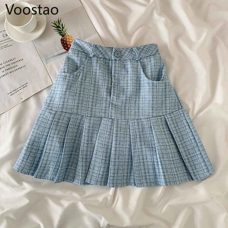 Spring Autumn Korean Sweet Lolita Style Skirt Sets Women Elegant Turn-Down Collar Plaid Coats Tops Chic Mini Pleated Skirts Suit