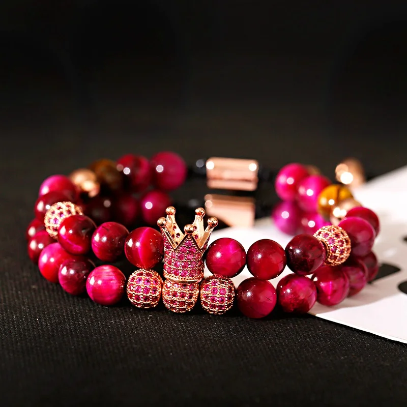 

Luxury Classic Crown CZ Zircon Pave Weaving Bracelet Homme Charm Rose Red Tiger Eye Stone Beads Bracelet Women Jewelry Gift
