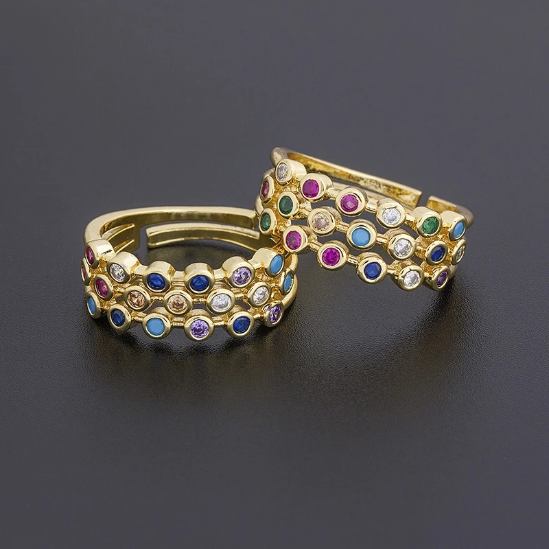 Nidin Fashion 12 Stile mehrschichtige breite Regenbogen-Kristallringe für Frauen, verstellbare Kupfer-CZ-Öffnung, geometrischer Ring-Schmuck
