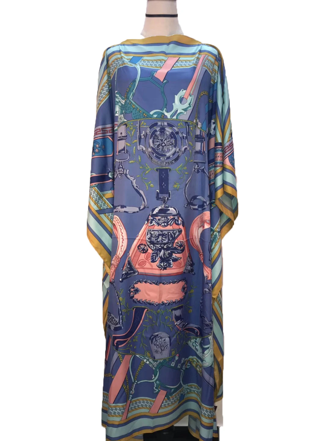Length 130cm Bust 130 cm elegant printed silk Caftan lady dresses Loose Style Dashiki African Muslim women long dresses