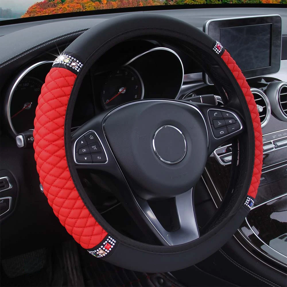 37cm/38cm Diameter Car Steering Wheel Cover For Women Girls Bling Auto Interior Diamond Decoration Accessories For Golf 4 5 6 7