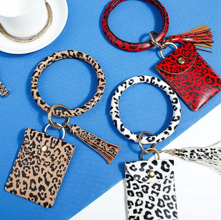 Bracelet Card Bag Wallet Keychain Wristlet Keyring Leopard Handbag Leather Bracelet Keychain Credit Card Holder With Tassel