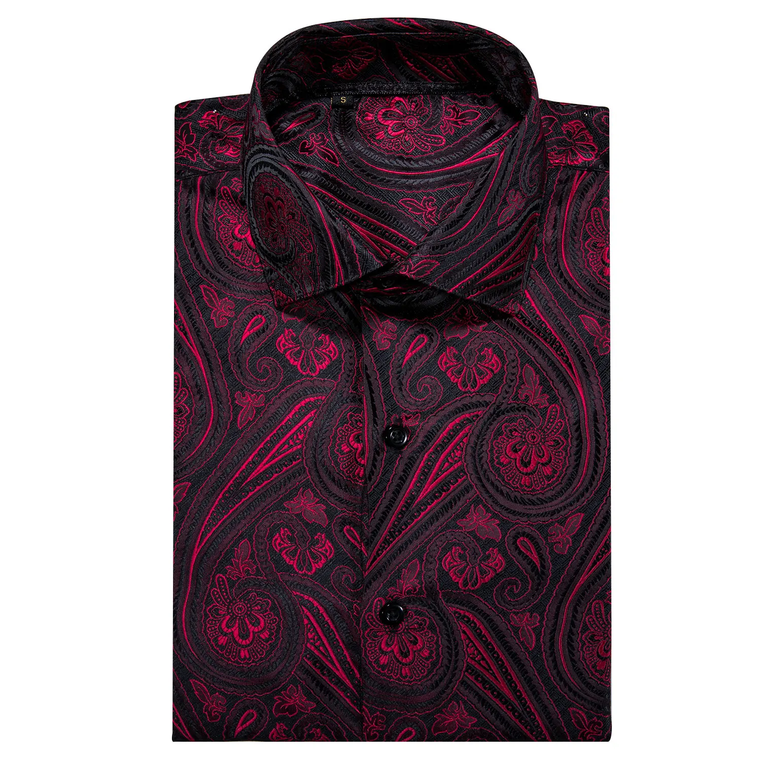 Barry.Wang Red Paisley Bright Silk Shirts Men Autumn Long Sleeve Casual  Flower Shirts For Men Designer Fit Dress Shirts BCY-01