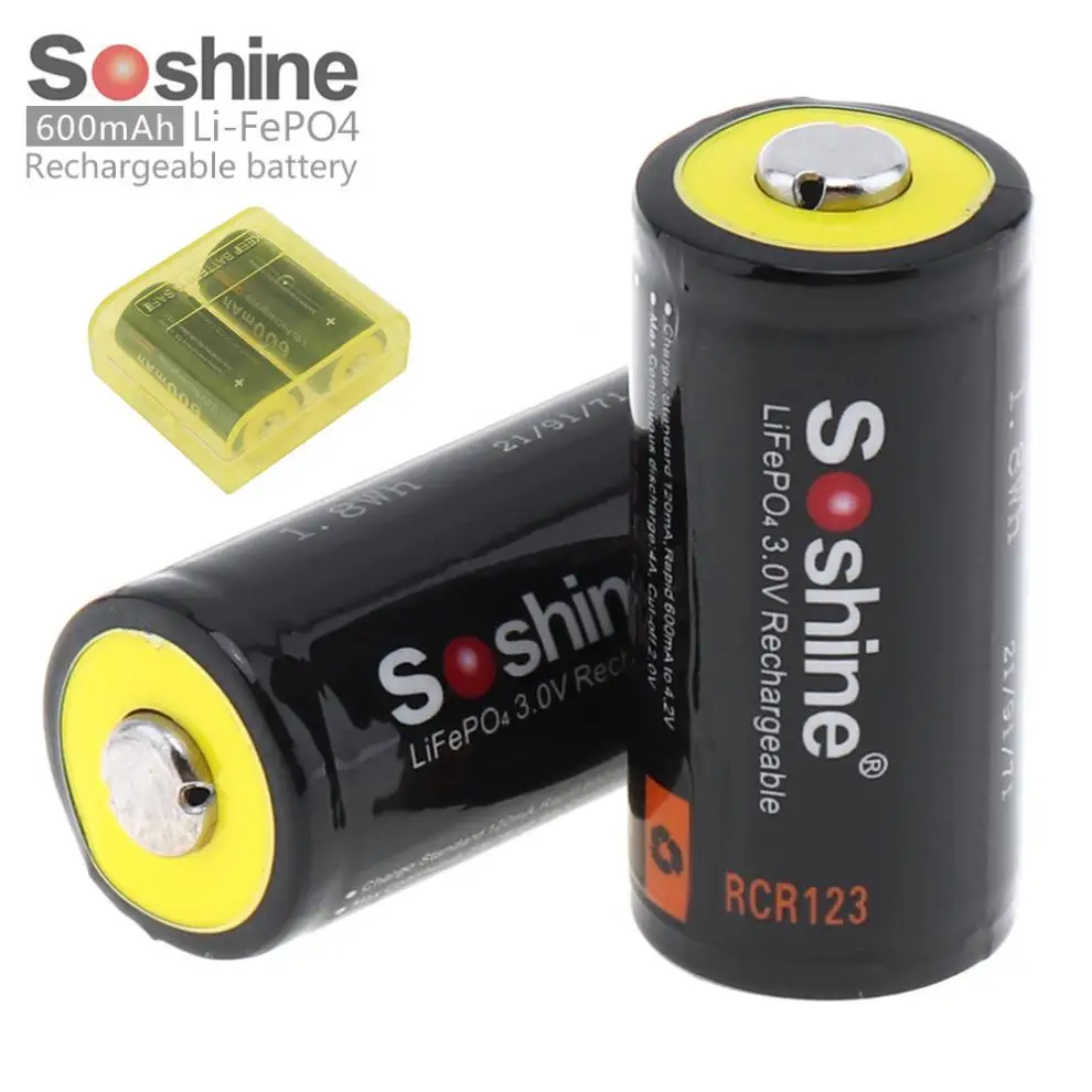 2 sztuk Soshine 3V 600mAh 16340 RCR123 LiFePO4 akumulator z chronionym PCB dla latarka LED reflektory