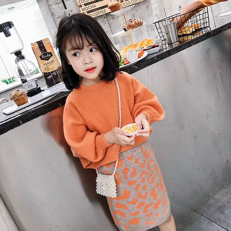 2021 Baby Girl fashion clothing set knitted sweater+leopard skirt Kids autumn Winter solft sweaters suits Children Clothes