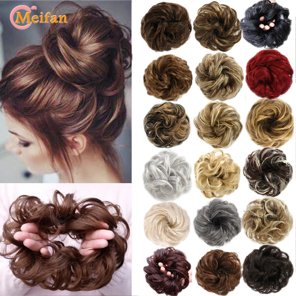 MEIFAN-moño de pelo sintético rizado para mujer, bandas elásticas resistentes al calor para el cabello, moño para el cabello para novias/fiesta,