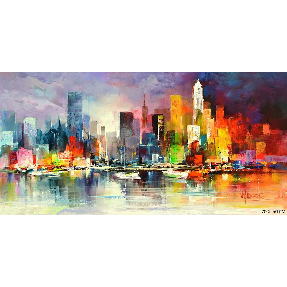 Urban Skylines Canvas Art Contemporary Cityscape Living Room Decor Handmade Landscape Painting Modern Artwork Large