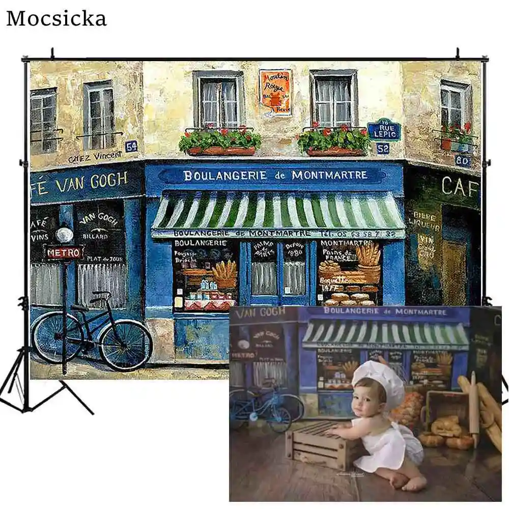 Mocsicka Street Bakery Backdrop Retro Street Child Birthday Party Cake Smash Photo Background Newborn Portrait Photography Props