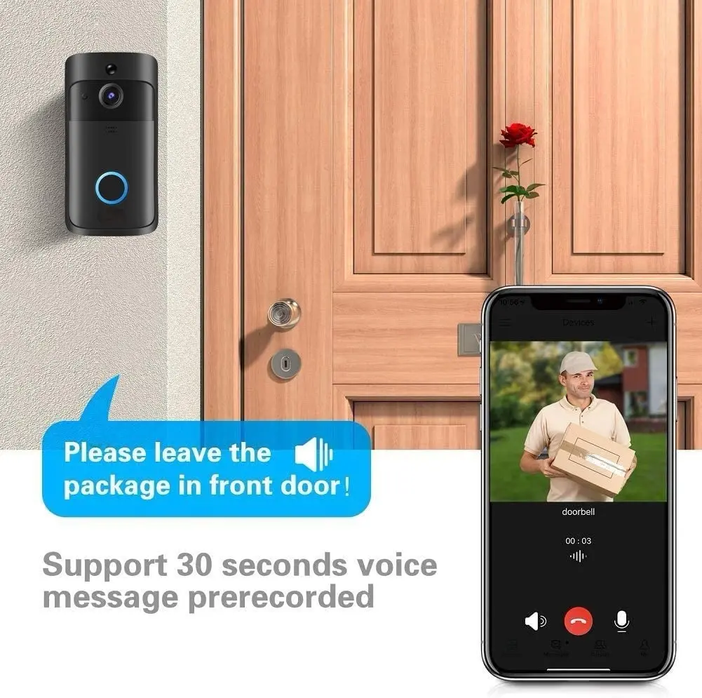 Video Doorbell Camera HD WiFi Doorbell Wireless Operated Motion Detector Audio & Speaker Night Vision for iOS&Android