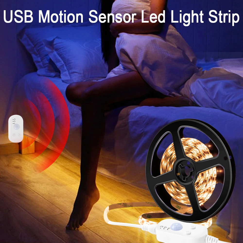 pir led motion sensor light strip alimentado por usb armario armario lampada de cama sob o armario luz noturna para armario escadas cozinha 01