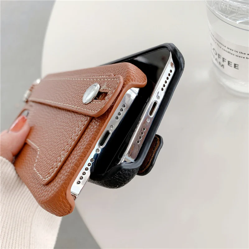 Luxury card holder wrist strap leather wallet phone case For iphone 16 17 15 14 pro 16Pro Max 13 11 12 Mini Protective cover