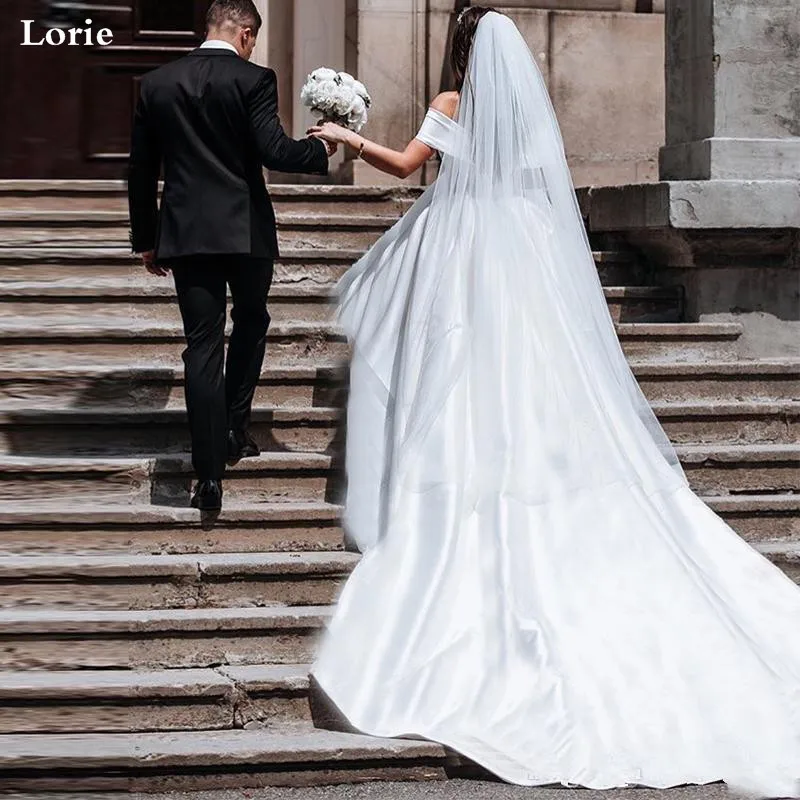 Lorie princesa vestidos de casamento cetim vintage fora do ombro vestidos de noiva longo trem branco vestido de baile de casamento personalizar