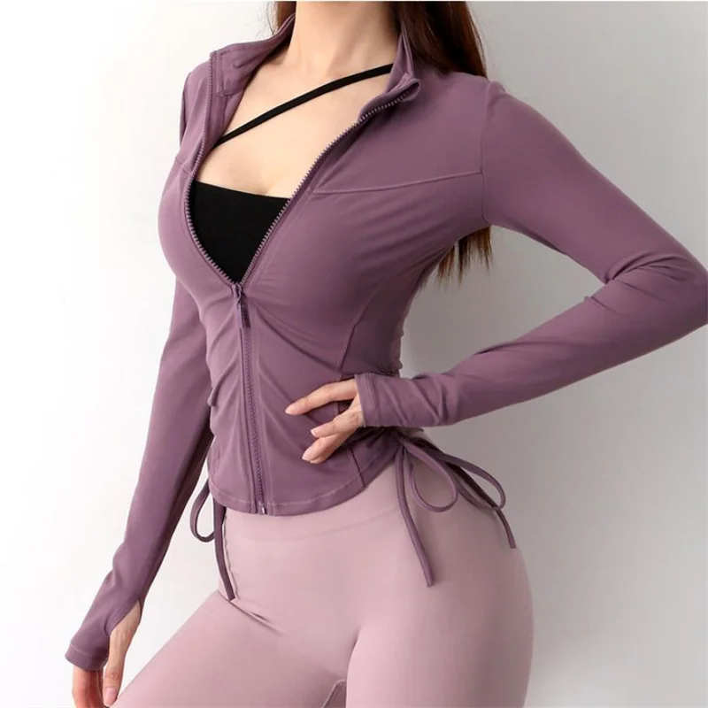 Women Nylon Fitness Sport Jacket  Long Sleeve with Thumb Hole Yoga Shirt Slim Zipper Workout Side Drawstring Training Sportswear