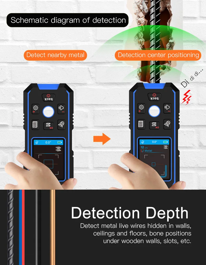 Noyafa NF-518 Metall detektor hinter leuchtet schwarz AC Holz Bolzen Finder Kabel Drähte Tiefe Tracker underground Wand scanner LCD HD-Display – Detail 5