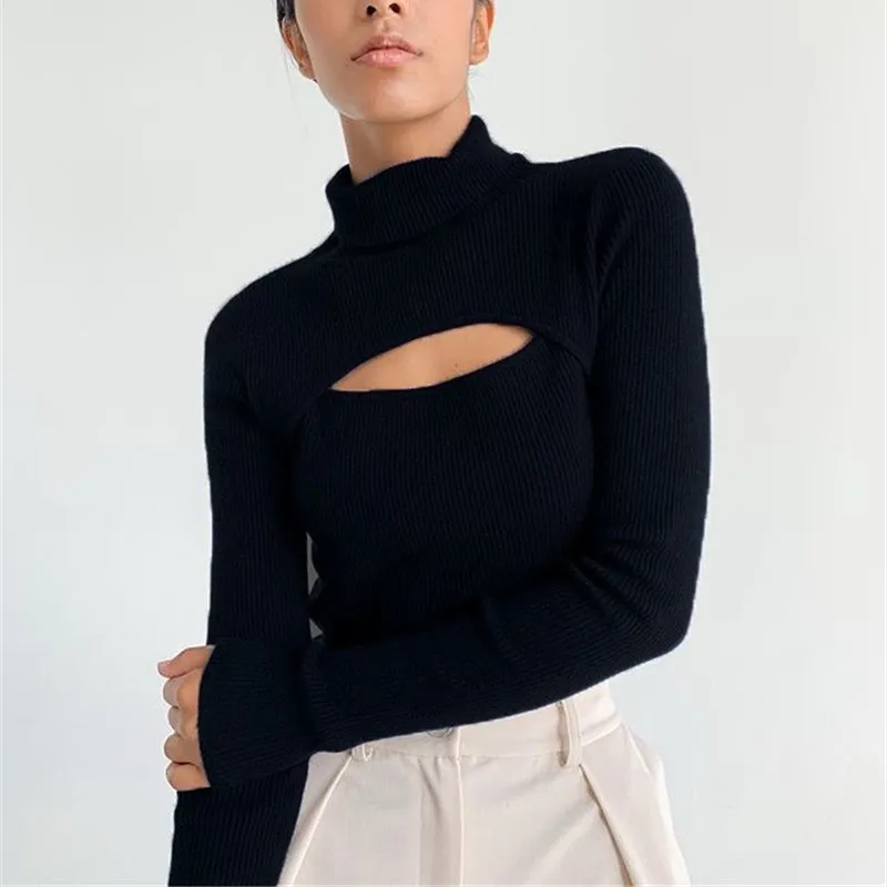 Ribbed Knitted Turtleneck Top Women Hollow Out Casual Long Sleeve Skinny Autumn Winter Slim Lady Sweater Clothing 2021 Pullover