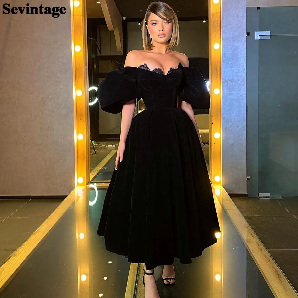 

Sevintage Black Velvet Midi Prom Party Dresses 2022 Off The Shoulder Lace Evening Dress Tea-Length Formal Women's Party Gowns