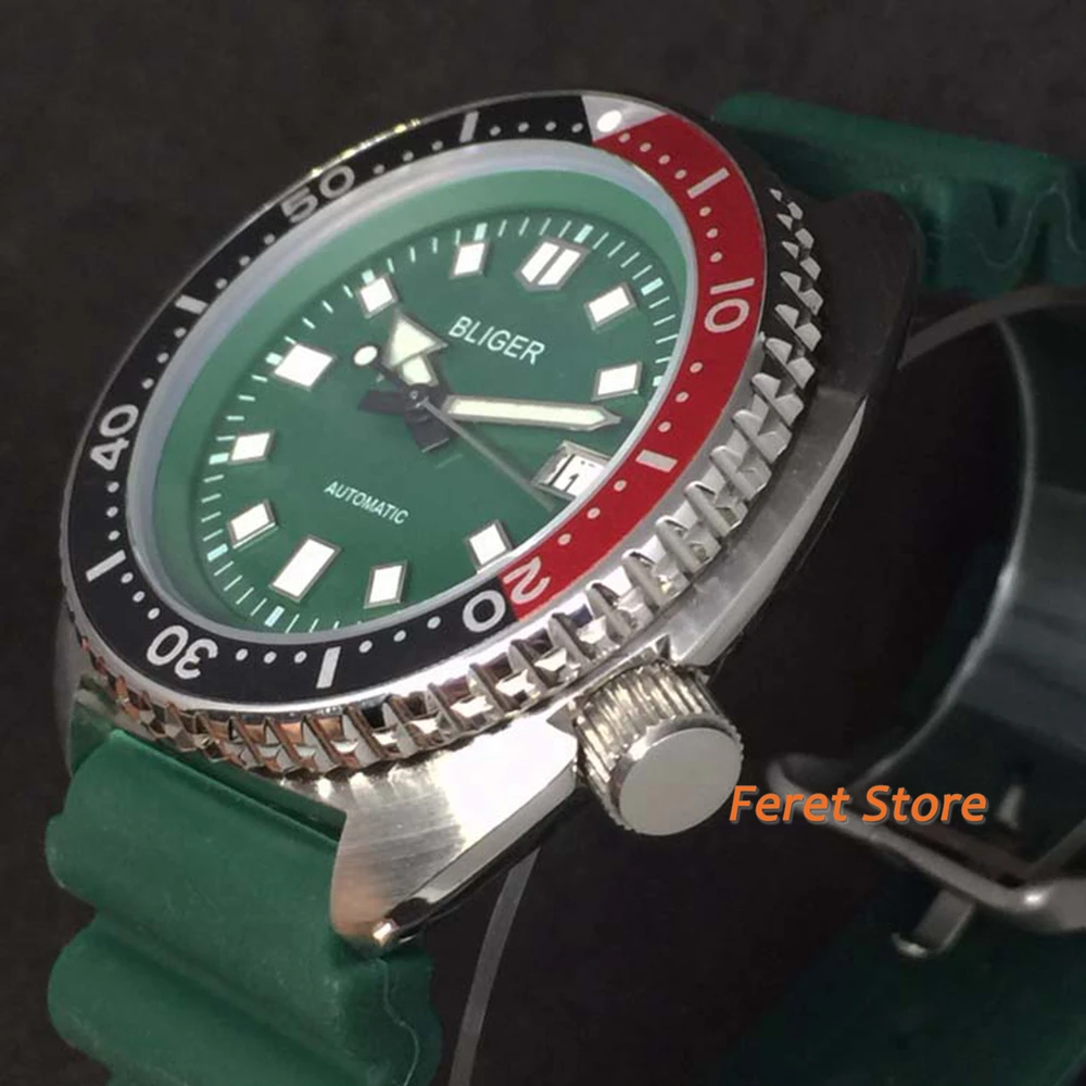 45mm BLIGER Green Men Watch Metal bezel Luminous Dial NH35 Rubber Strap Unidirectional Bezel Date Automatic movement watch