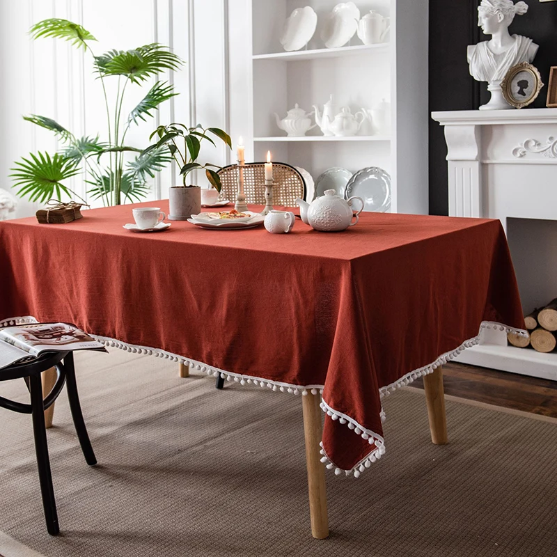 Retro Tassel Tablecloth Cotton and Linen INS Rectanglar Tablecloth for Table Red Table Cover Wedding Decor nappe de table tapete