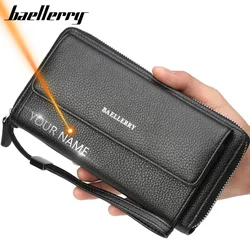 Cartera de mano de cuero PU con grabado de nombre para hombre, billetera con cremallera, correa de mano de gran capacidad, lujosa, sólida, de negocios