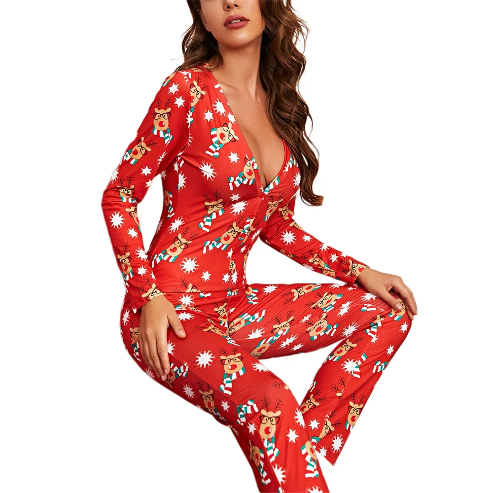 Christmas Women Pajamas Jumpsuit for Women Sleepwear V Neck Long Sleeve Christmas Cartoon Printed Pajamas Overall Homewear