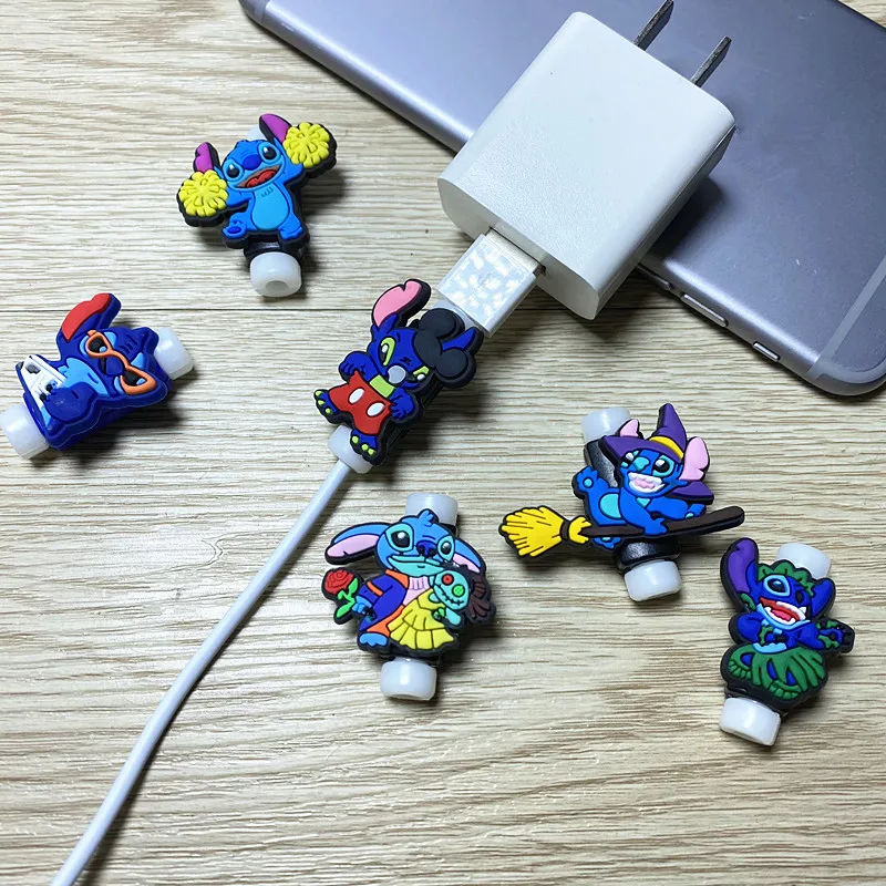 100 sztuk/partia Disney Stitch kabel USB Protector linia danych przewód Protector kabel Winder pokrywa dla iPad iPhone Android kabel ładowania