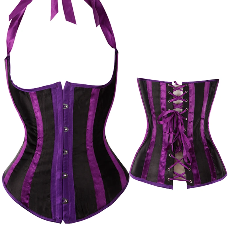 Gothic Satin Waist Trainer Cincher Corsets Bustiers Black/White/Red/Purple Striped Halter Boned Underbust Cupless Body Shaper