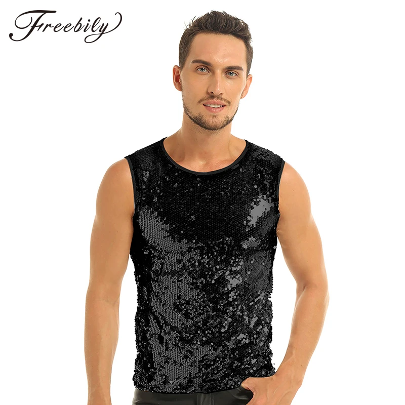 2018 Sexy Mens Summer Sleeveless Crew Neck Slim Fitted Vest Tee T-shirts Clubwear Men's Fashion Shiny Sequin Vest Tops T-shirts