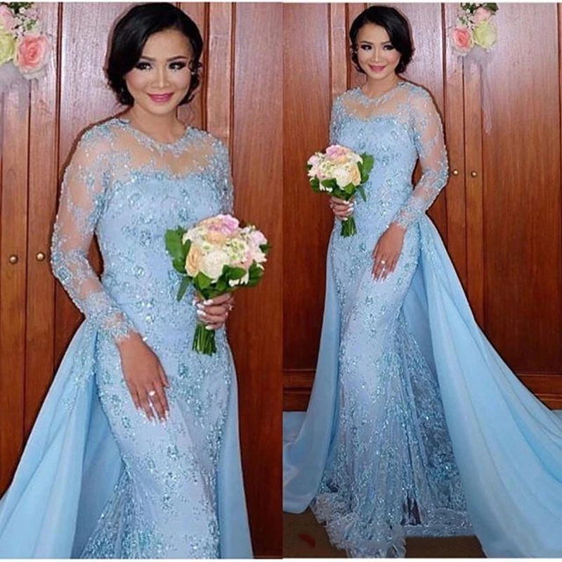 

Light Sky Blue Mother of the Bride Dress with Detachable Train Overskirt Sparkly Lace Mermaid Evening Prom Wedding Party Gowns