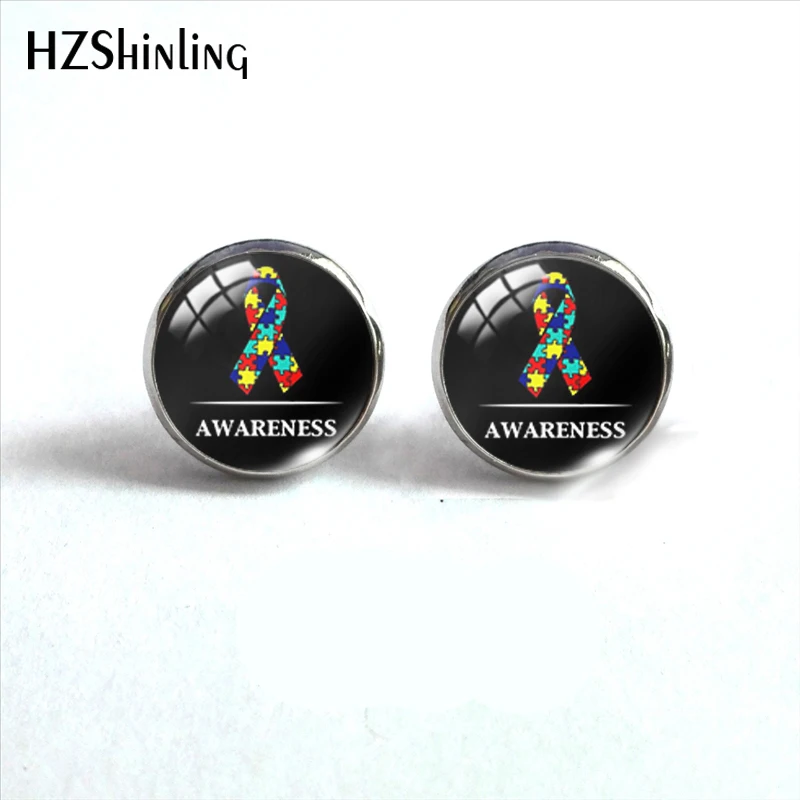 2020 New National Autism Awareness Stud Earring Round Earrings Handmade Glass Cabochon Art Printed Jewelry Gifts