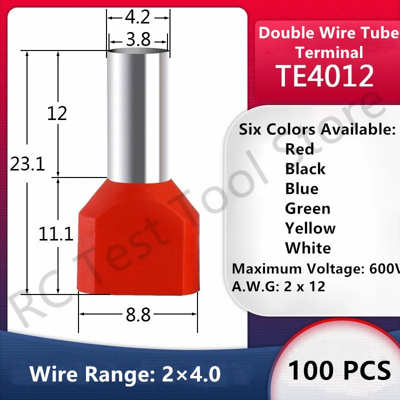 

100PCS TE4012 Double Pipe 0.5~6.0² Cold Pressed End Double Wire Tube Shaped Insulated Tubular Terminal