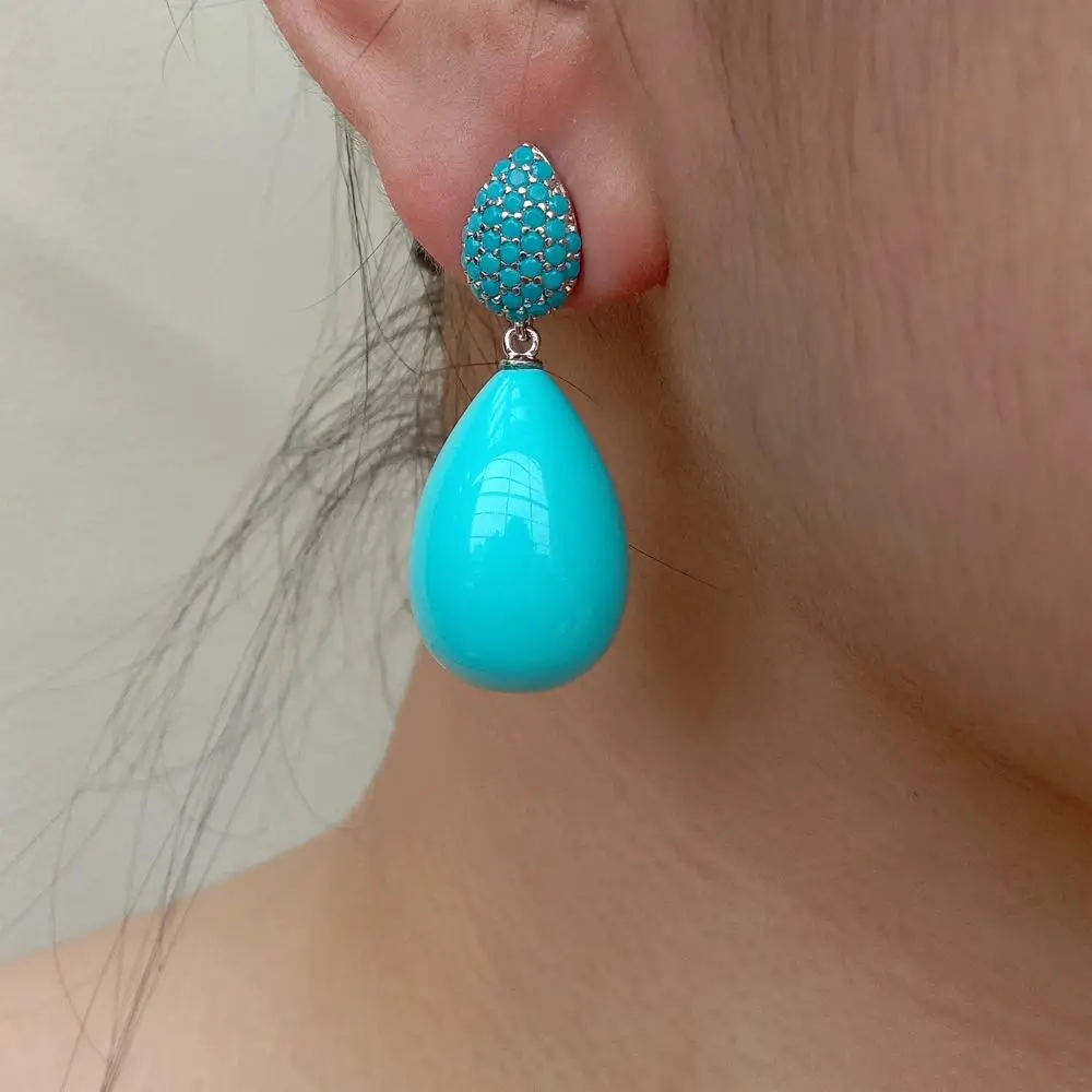

YYGEM 16x23mm Turquoise Blue Sea Shell Teardrop Cz Pave Stud Earrings For Women Fashion Jewelry