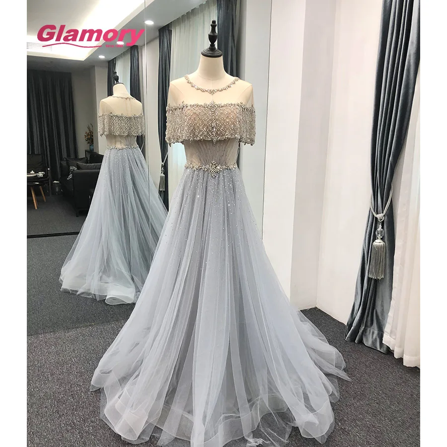 2020 New Arrival Evening Dresses Light Blue Short Sleeve A Line Party Wear Crystal Beaded Tulle Sexy Prom Dress