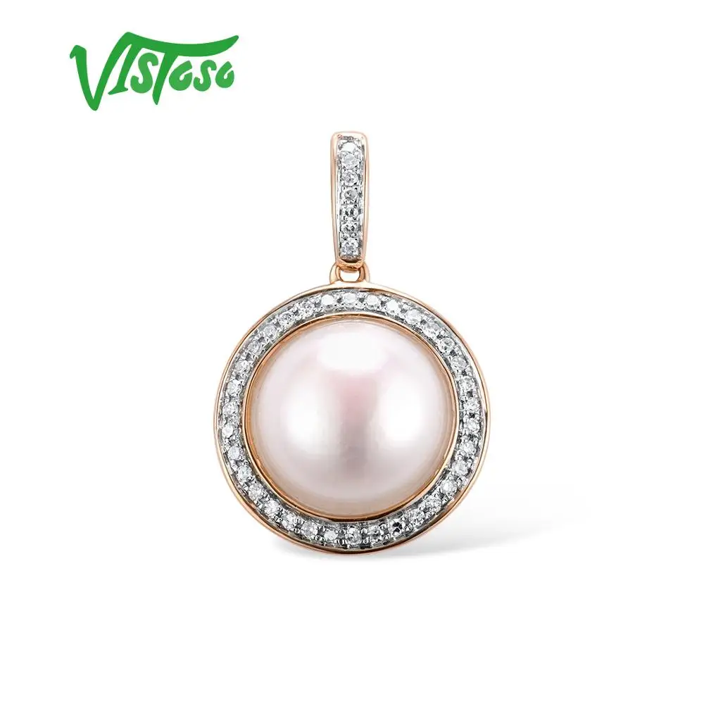 VISTOSO Gold Pendant For Women Pure 14K 585 Rose Gold Sparkling Diamond Elegant Fresh Water Pearl Pendant For Lady Fine Jewelry