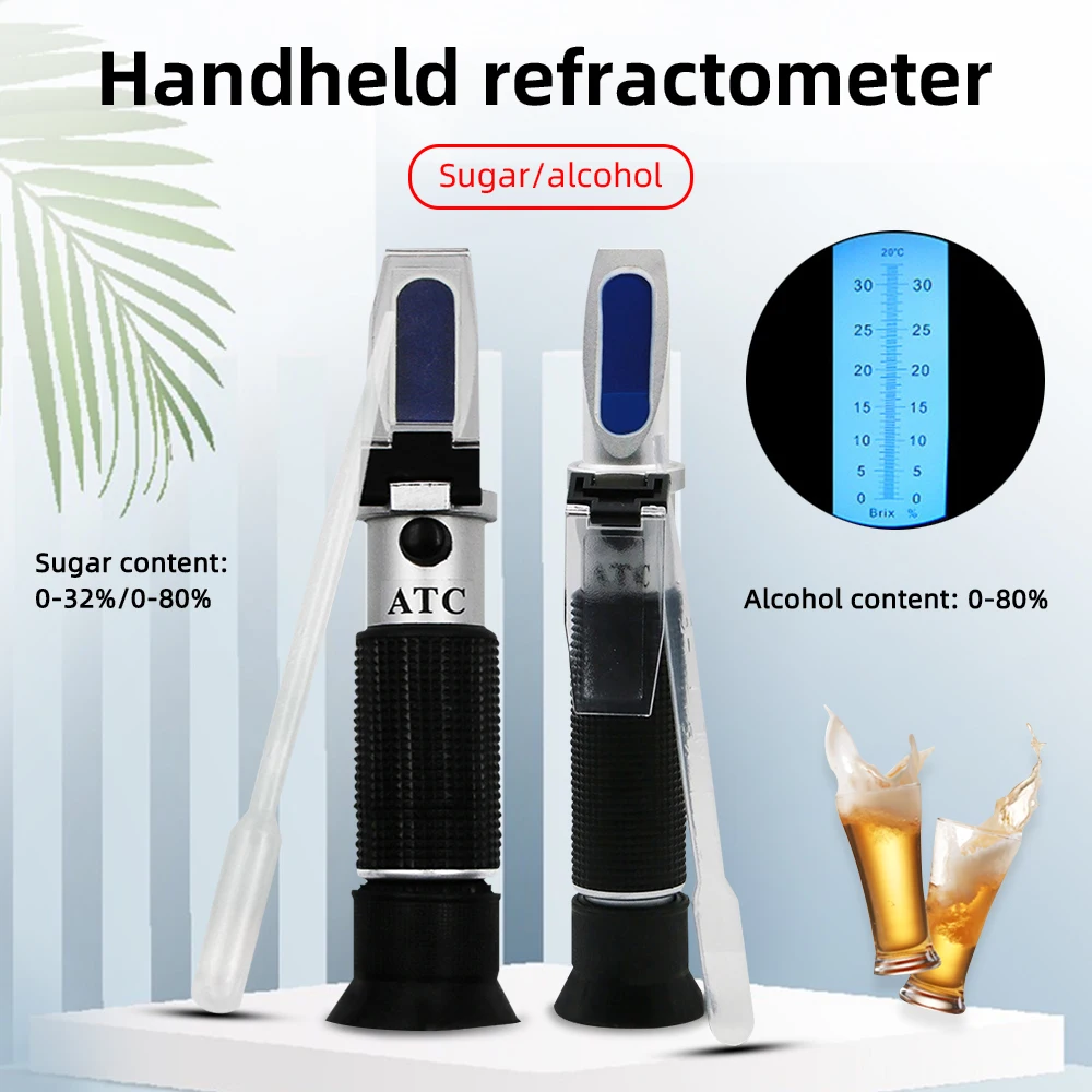 Handheld Alcohol Refractometer Sugar Wine Concentration Meter Densitometer 0-30% Alcohol Beer 0-80% Brix Grapes Density Meter