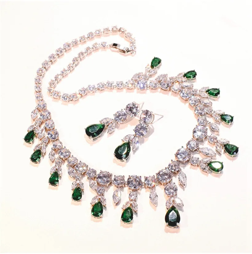 CC Wedding Jewelry Sets For Women Shine Necklace Earrings Created Emerald Stone Party Accessories