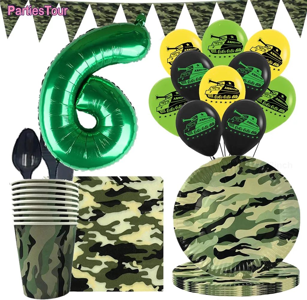 Military Birthday Party Supplies Camouflage Cup Paper Plate Napkins Banner Balloon Tank Army fan Party Decoration Boy Scouts