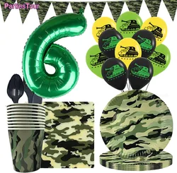 Suministros de fiesta de cumpleaños militar, taza de camuflaje, plato de papel, servilletas, Pancarta, globo, tanque, ventilador del ejército, decoración de fiesta, niño, explorador